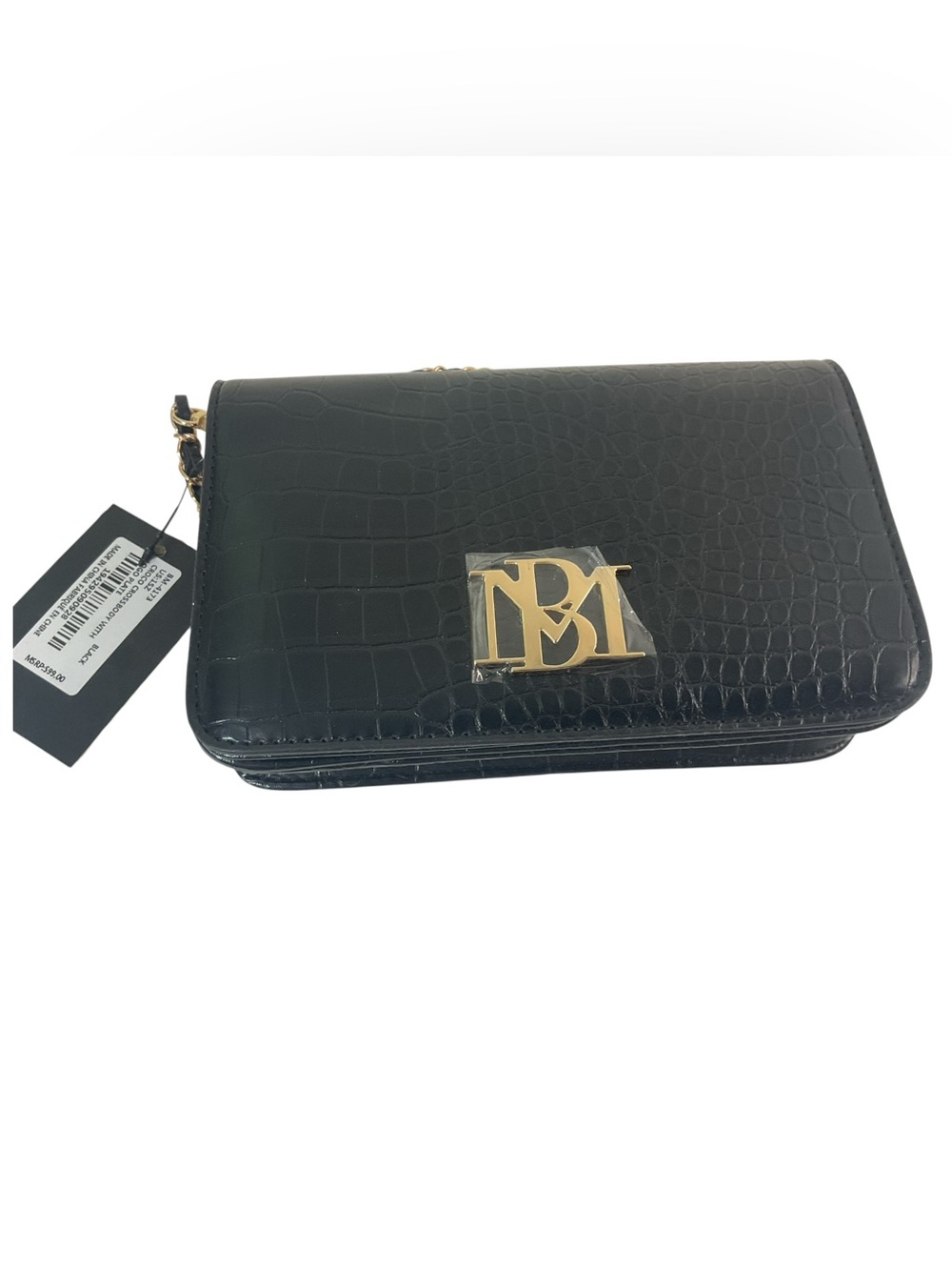 Badgley Mischka BM-4173 Black Croco Crossbody With Logo Plate Vegan Leather Bag - Picture 11 of 16